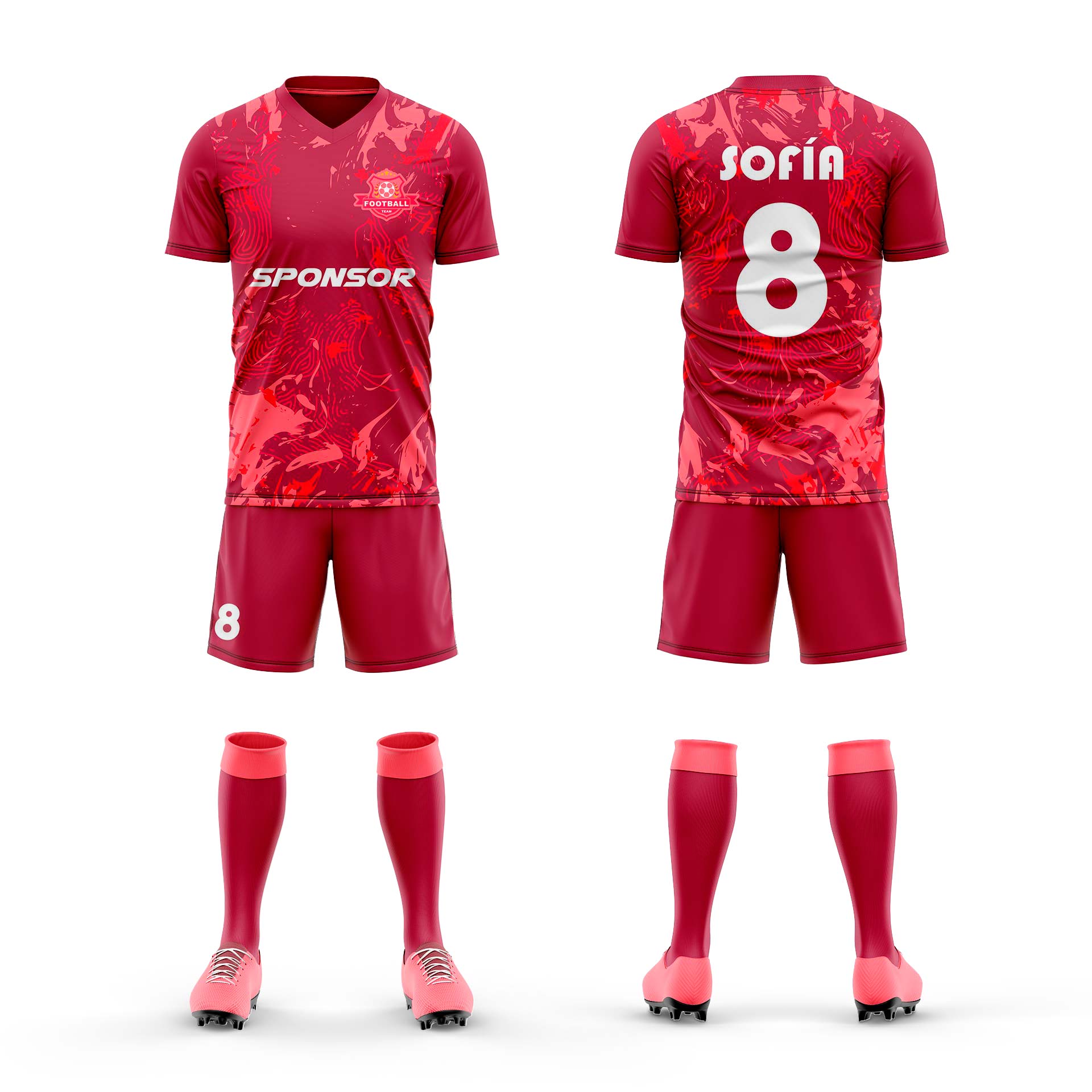 equipacion futbol personalizada varios-tonos-de-rojo-con-diseño
