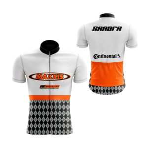maillot ciclismo blanco-naranja-y-rombos-negros