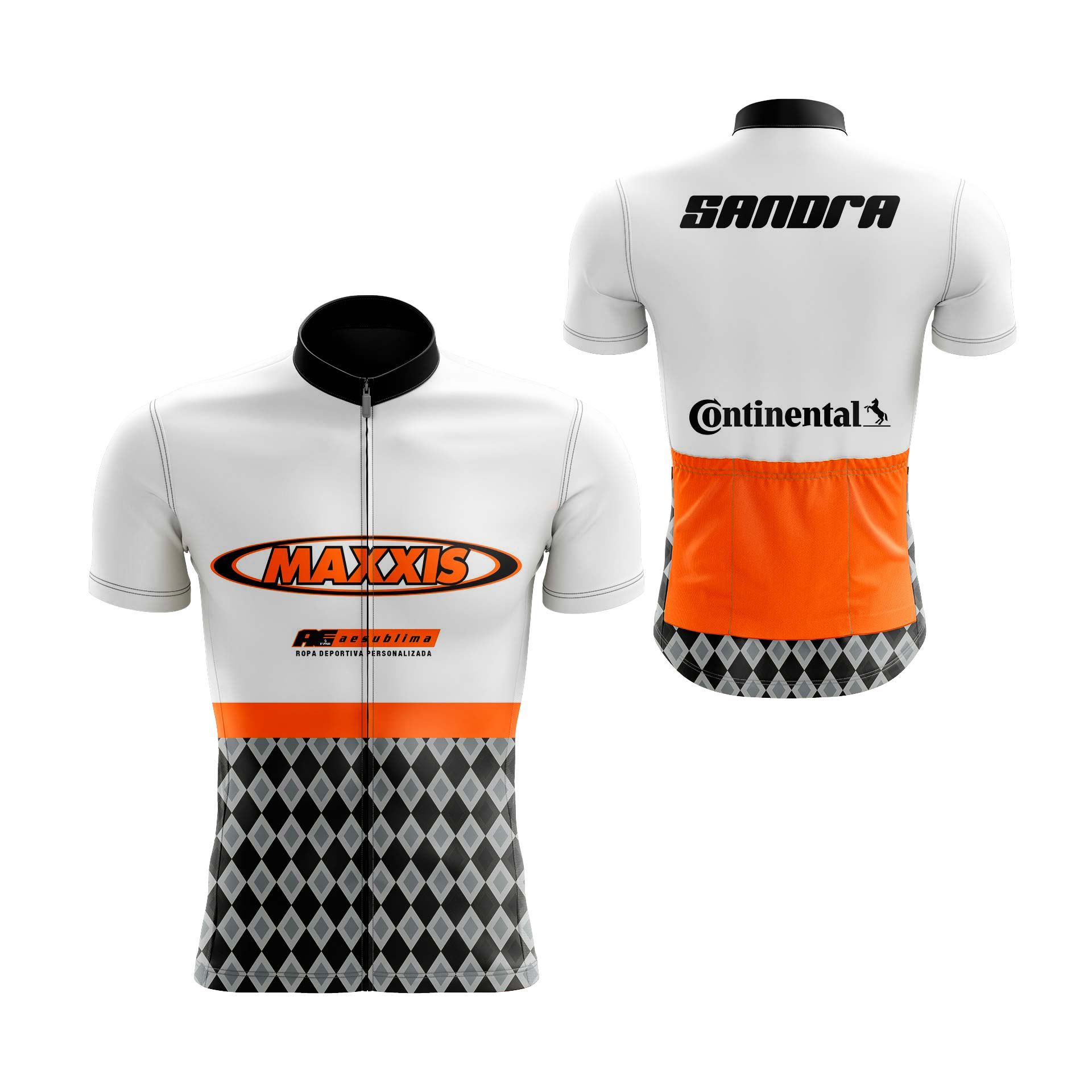 maillot ciclismo blanco-naranja-y-rombos-negros