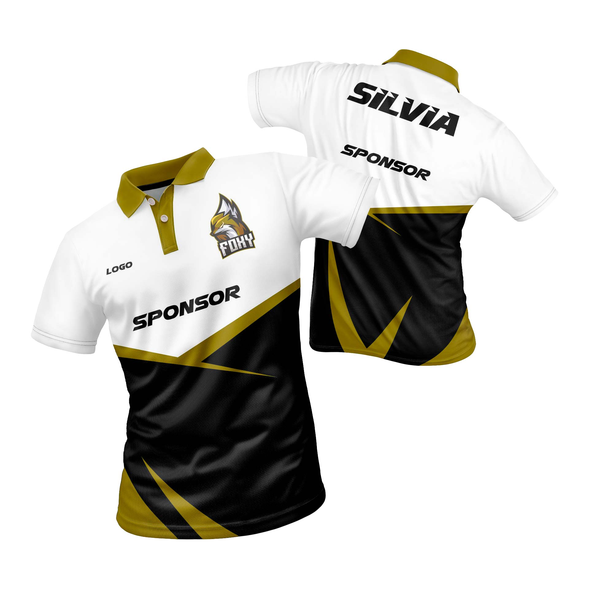polo personalizado Blanco-negro-y-dorado